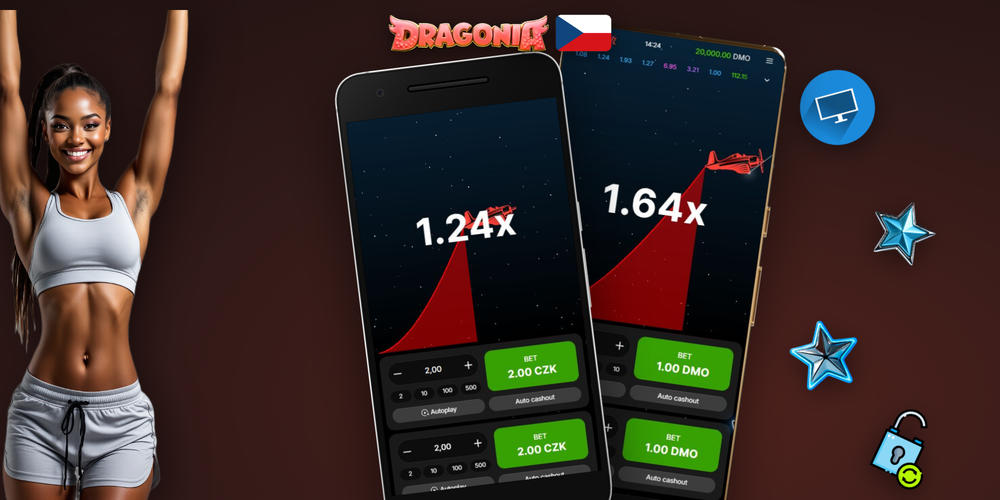 Aviator demo Dragonia Casino se štítkem DEMO a virtuálními kredity na herní obrazovce