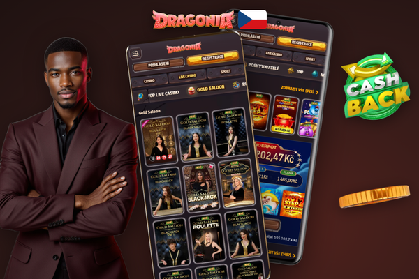 Dragonia Casino mobilní verze zobrazuje notifikaci o úspěšném výběru a živý chat